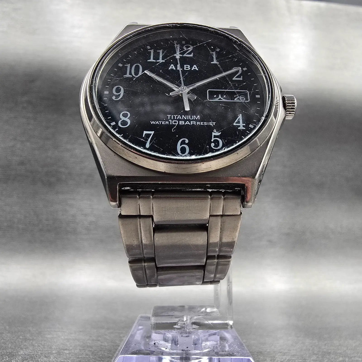 Seiko Alba Watch Men 36mm Black Dial Titanium Daydate Round VX43-0AG0 New Batt5