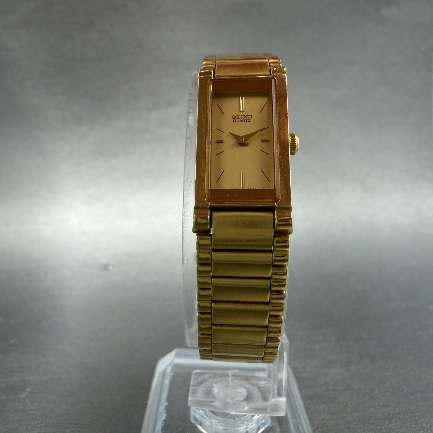 Seiko Tank Watch Women 13mm Champagne Dial Gold Tone 1e20-5519 New Battery VTG5