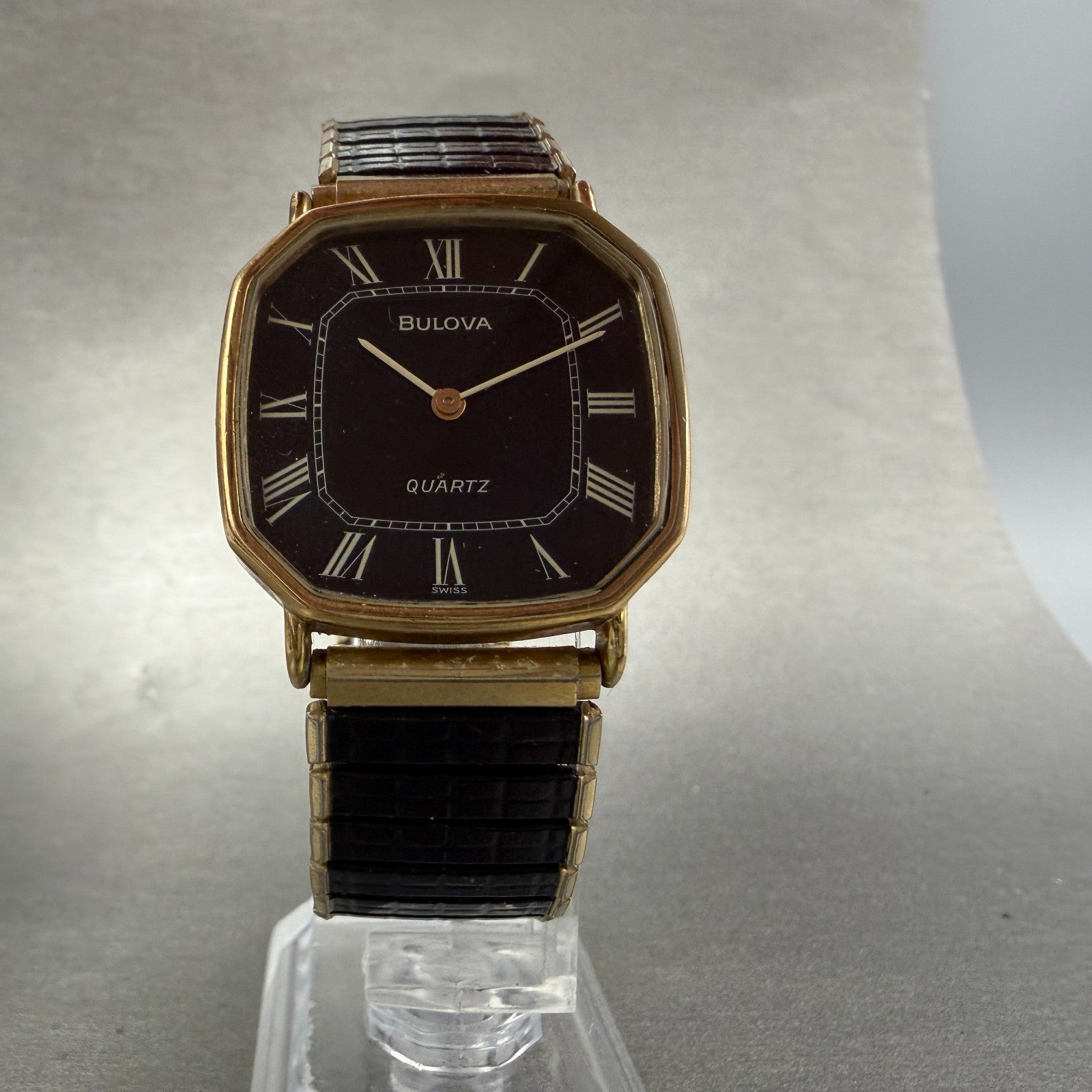 Bulova Watch Men 30mm Black Dial Gold Tone Octagon Swiss P0 New battery5