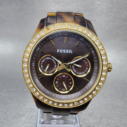 Fossil Stella Watch Women 37mm Brown Dial Brown Tortoise Daydate New Battery0