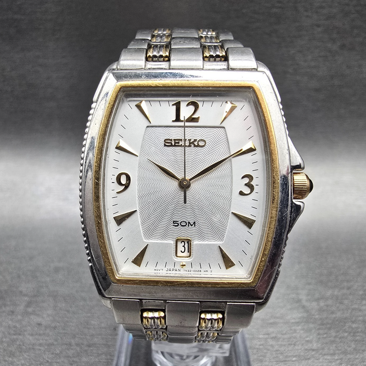 Seiko Watch Men 30mm Silver Dial Two Tone Date Rectangle 7N32-0CS0 New Battery0