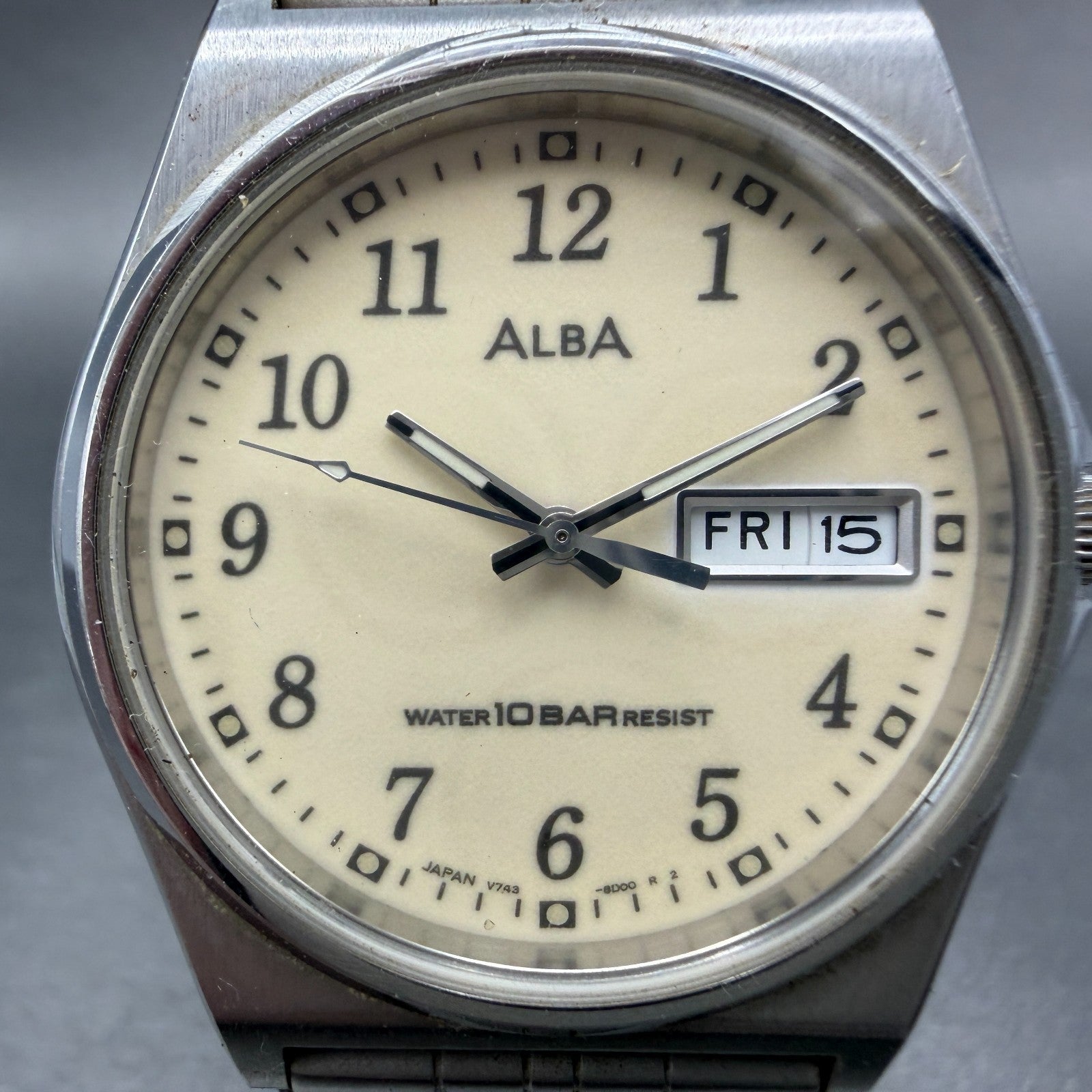 Seiko Alba Watch Men 35mm Luminous Dial Silver Tone Daydate V743-8B10 NewBattery1