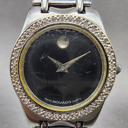 Movado Museum Watch Women 24mm Black Dial Steel Diamond Bezel New Battery