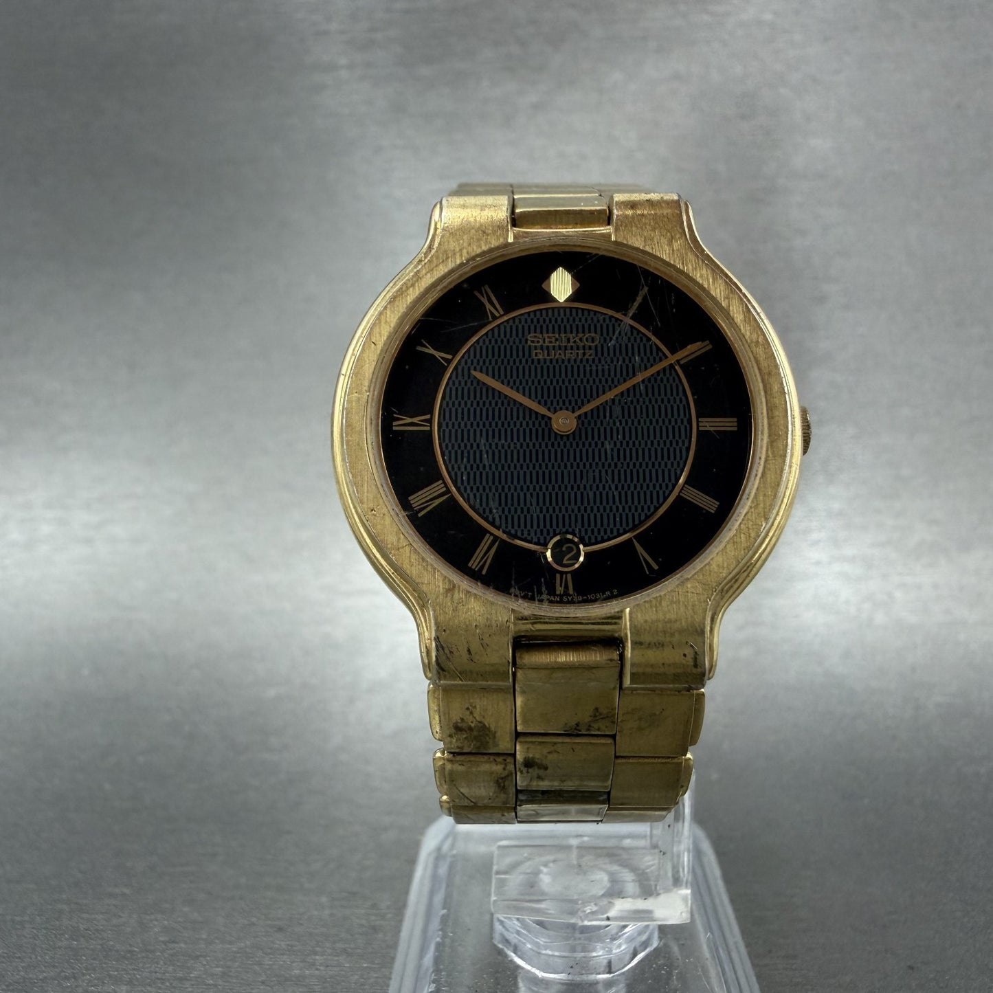 Seiko Watch Men 33mm Black Dial Gold Tone Date Round 5Y391029 New Battery5