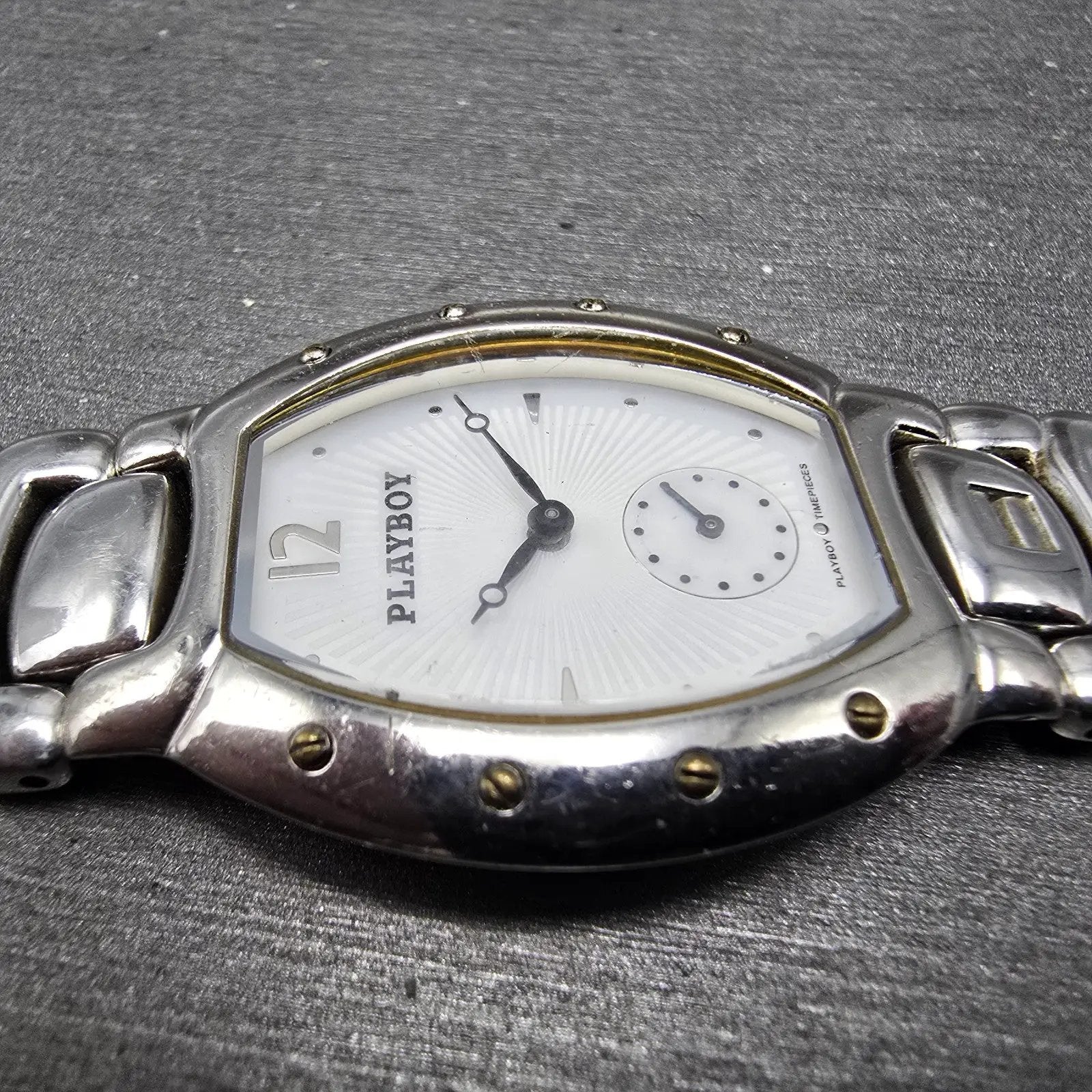 Playboy Watch Men 29mm White Dial Silver Tone Oval New battery MISSING CLASP!!!5