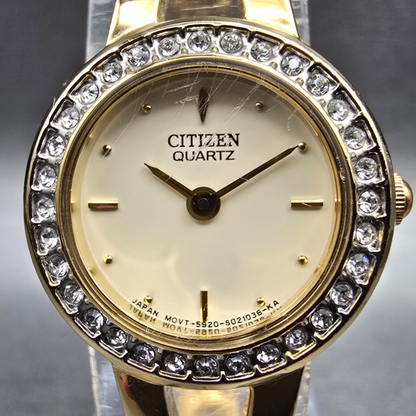 Citizen Watch Women 20mm Cream Dial Gold Tone Crystals 5920-S004705 New Battery1