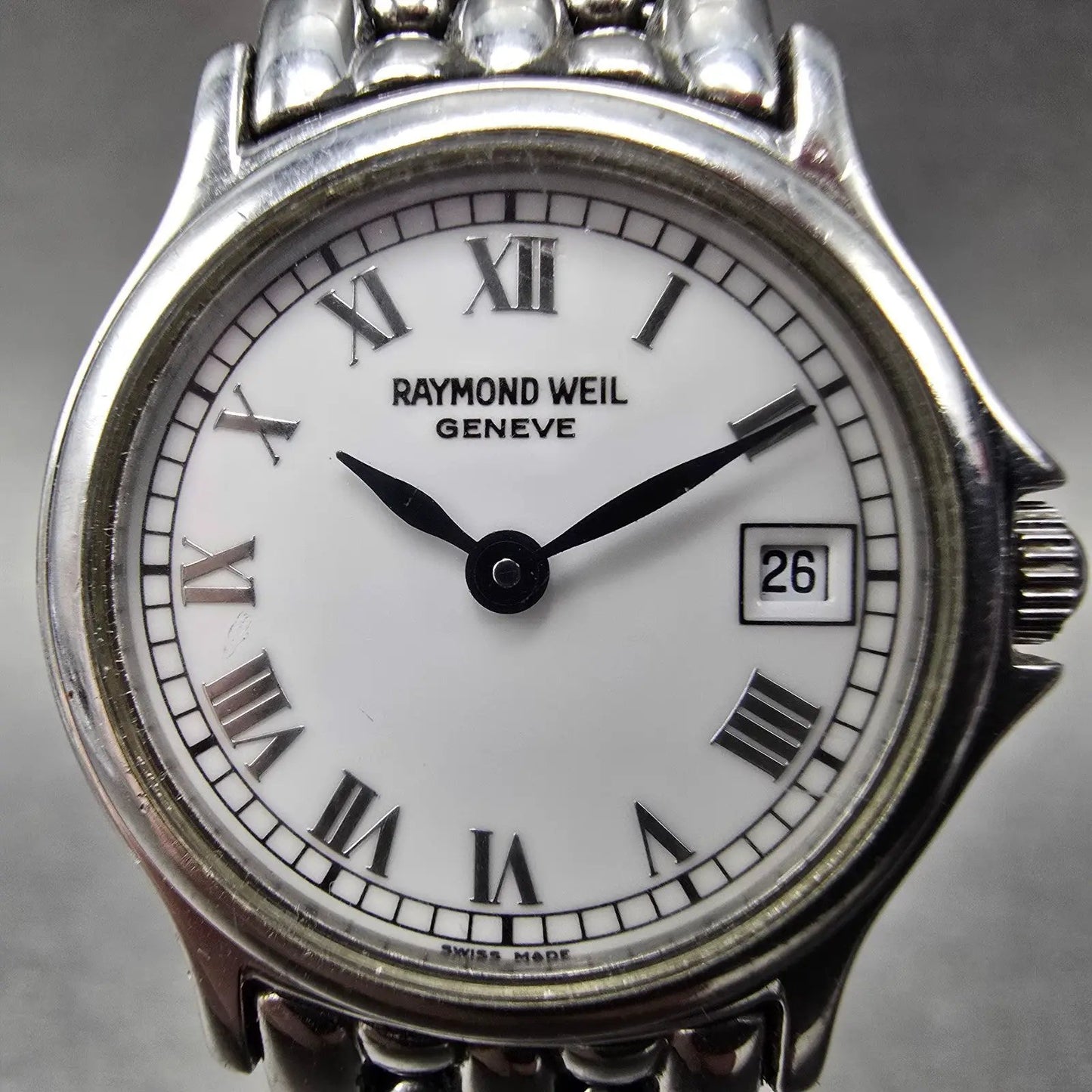Raymond Weil Watch Women 24mm White Dial Silver Tone Date 5377 New Battery1