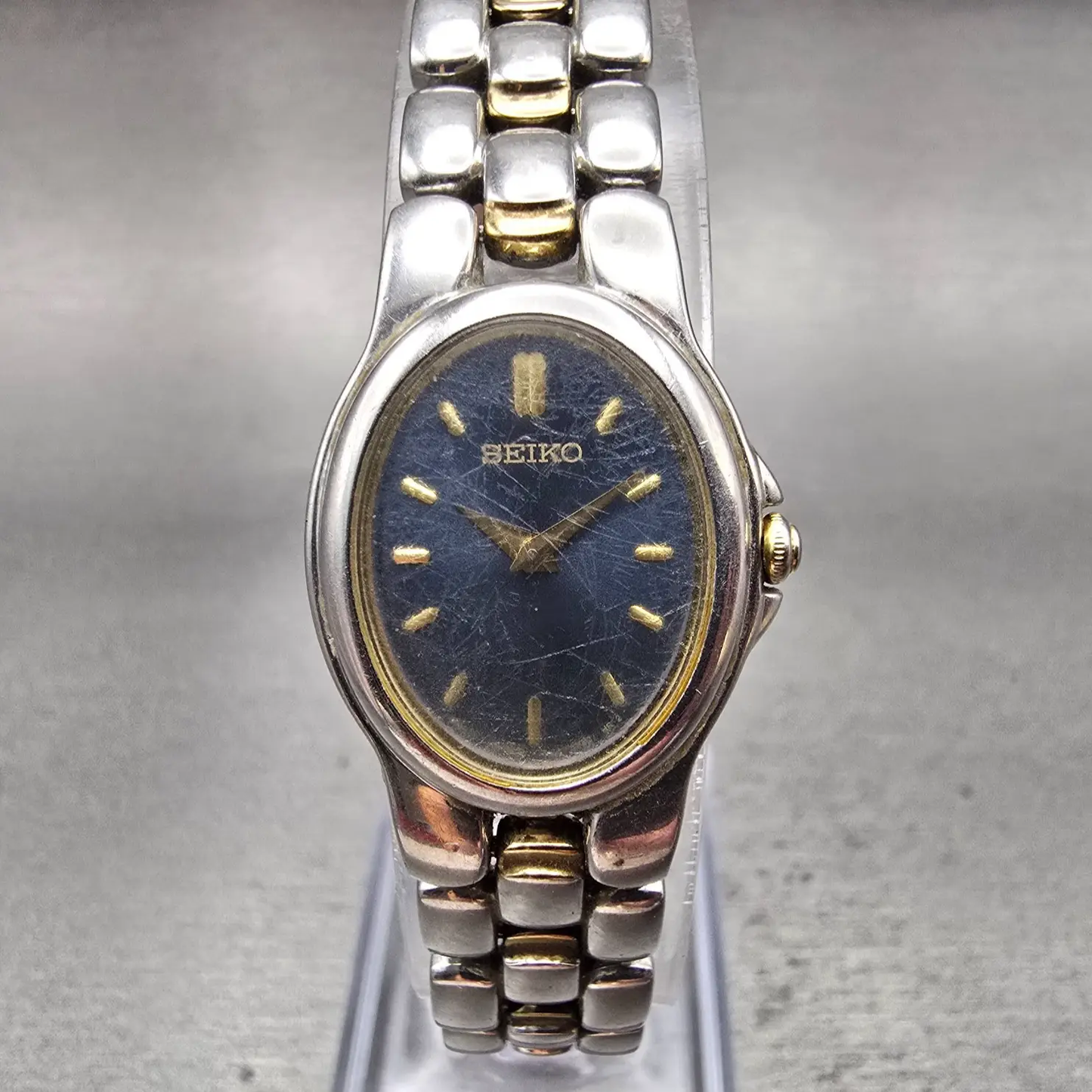 Seiko Watch Women 18mm Blue Dial Two Tone Oval 1N00-6T20 New Battery Vintage0