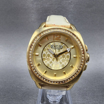 Coach Boyfriend Watch Women Champagne Dial Gold Tone Round Leather New Battery0