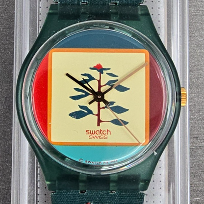 Swatch Poncho Watch Men 34mm Cream Dial Green Case GM122 New Battery NOS1
