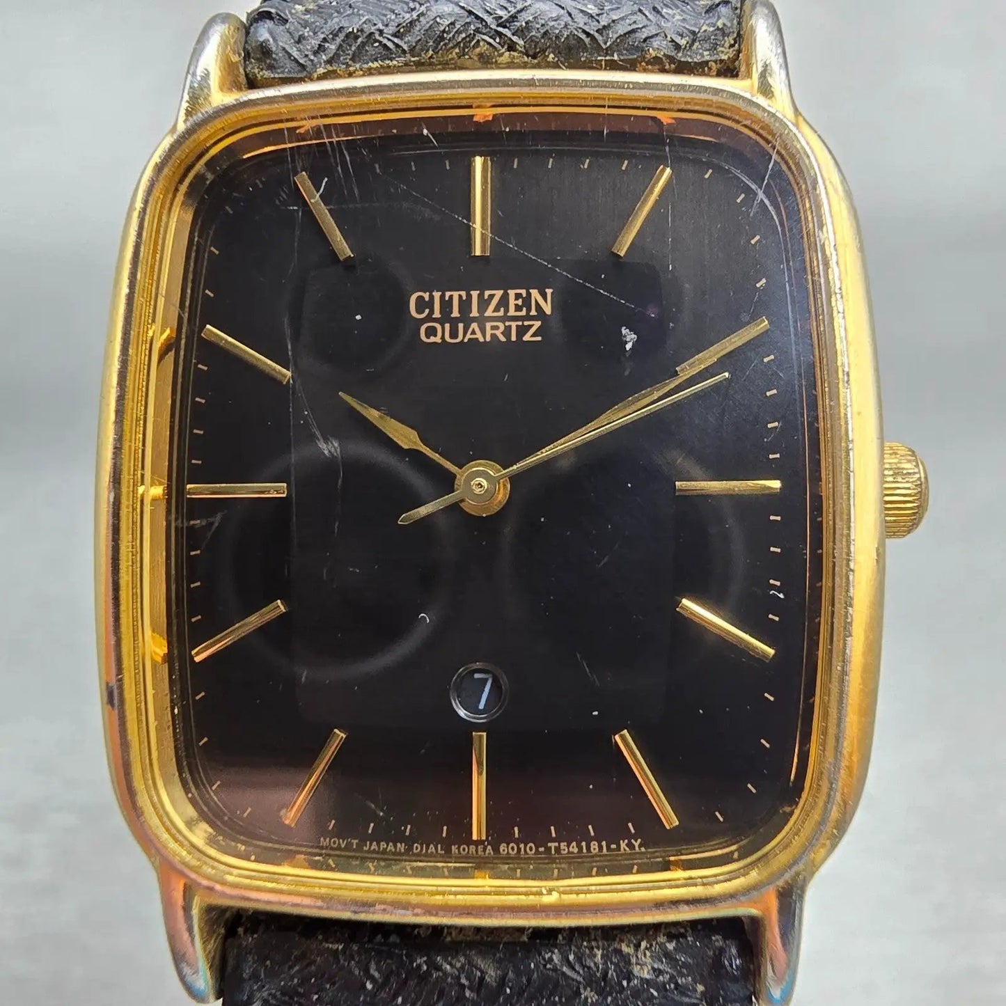 Citizen Watch Men 27mm Black Dial Gold Tone Date Rectangle 6010-K00128 New Batt1