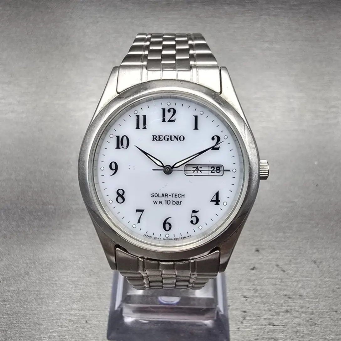 Reguno Solar-Tech Watch Men 36mm White Dial Silver Daydate E101-S028221 Works0