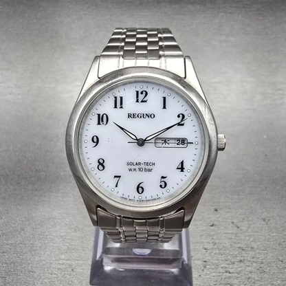Reguno Solar-Tech Watch Men 36mm White Dial Silver Daydate E101-S028221 Works0