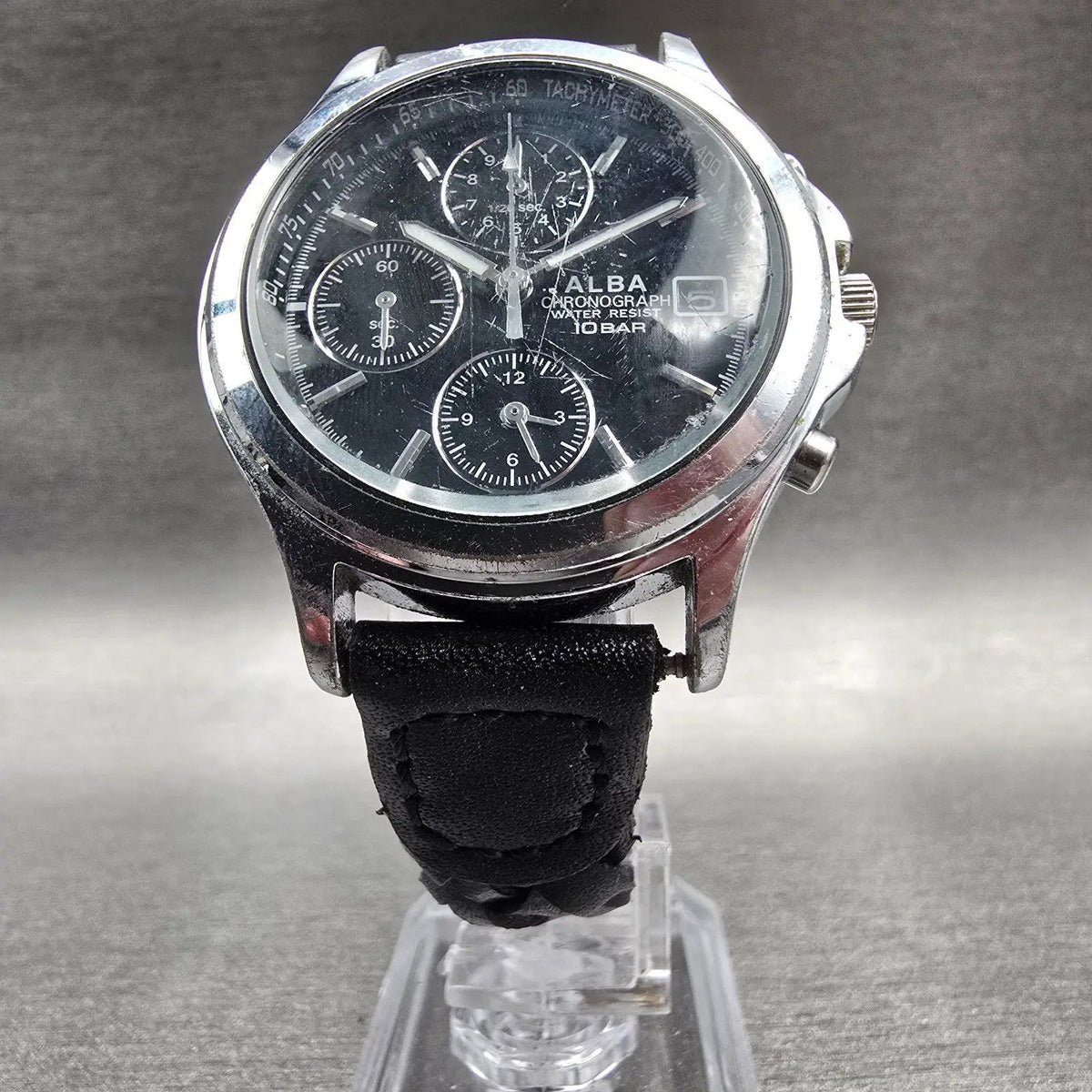 Seiko Alba Watch Men 37mm Black Dial Silver Tone Chrono Date 7T92-0EK0 NewBatt J5