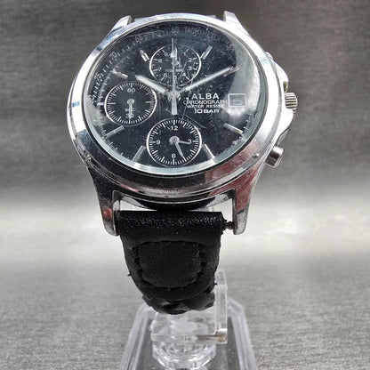 Seiko Alba Watch Men 37mm Black Dial Silver Tone Chrono Date 7T92-0EK0 NewBatt J5