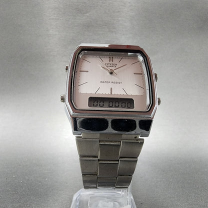 Citizen Analog Digital Watch Men 32mm Silver Dial Silver Tone Rectangle New Batt