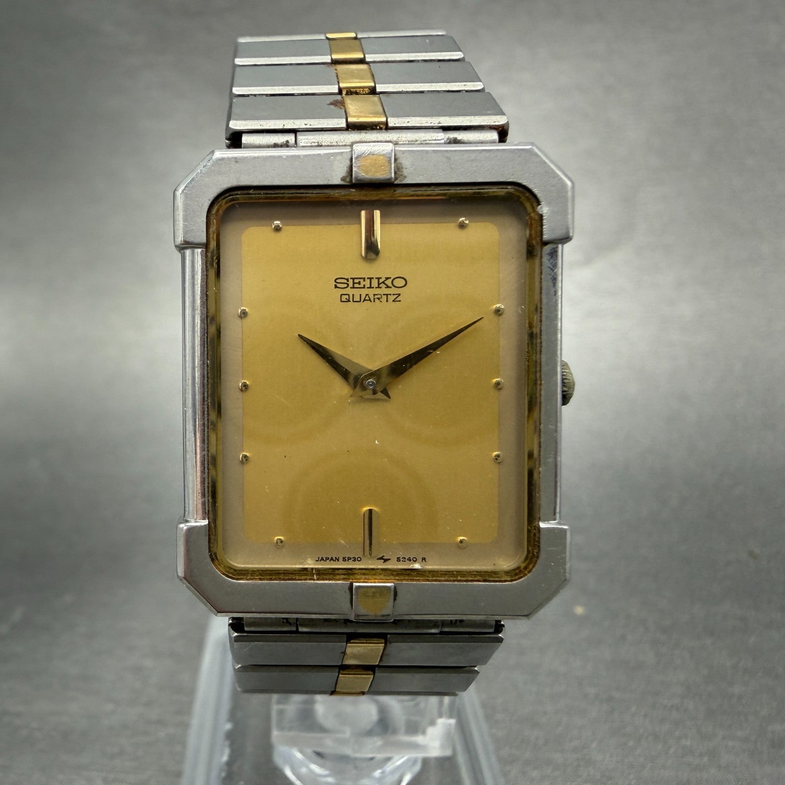 Seiko Tank Watch Men 24mm Champagne Dial Two Tone 5P30-5130 Rectangle PARTS0