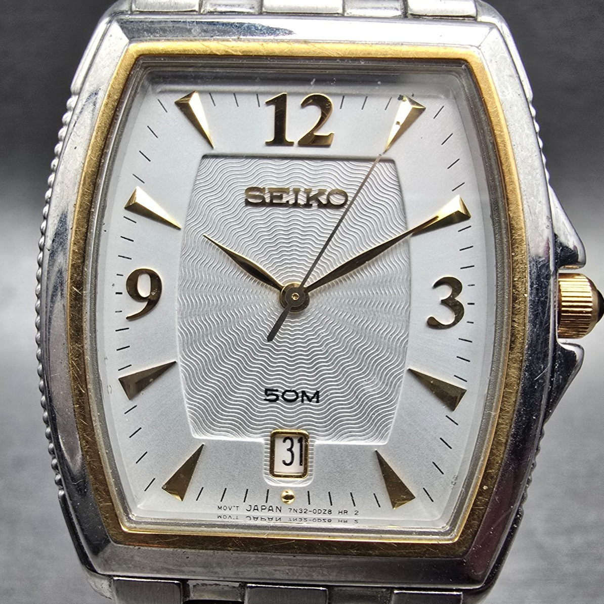 Seiko Watch Men 30mm Silver Dial Two Tone Date Rectangle 7N32-0CS0 New Battery1
