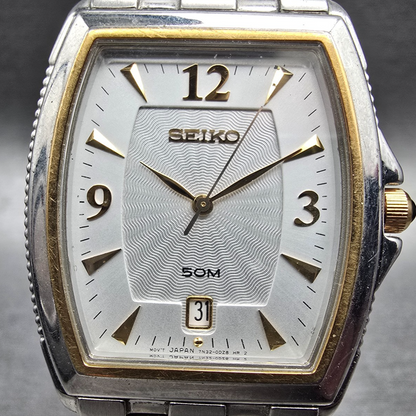 Seiko Watch Men 30mm Silver Dial Two Tone Date Rectangle 7N32-0CS0 New Battery1