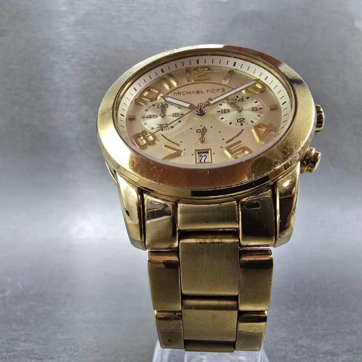 Michael Kors Mercer Watch 42mm Women Champagne Dial Gold Chronograph New Batt5