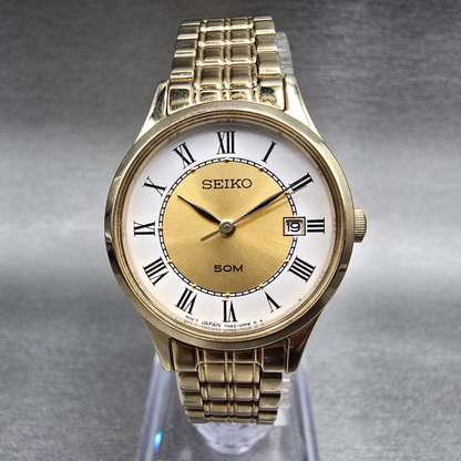 Seiko Watch Women 24mm Gold Dial Gold Tone Date Round 7N82-0GM0 New Battery0