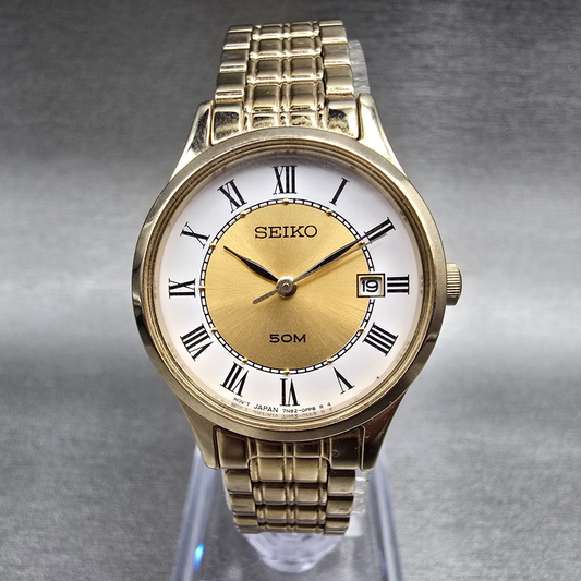 Seiko Watch Women 24mm Gold Dial Gold Tone Date Round 7N82-0GM0 New Battery0
