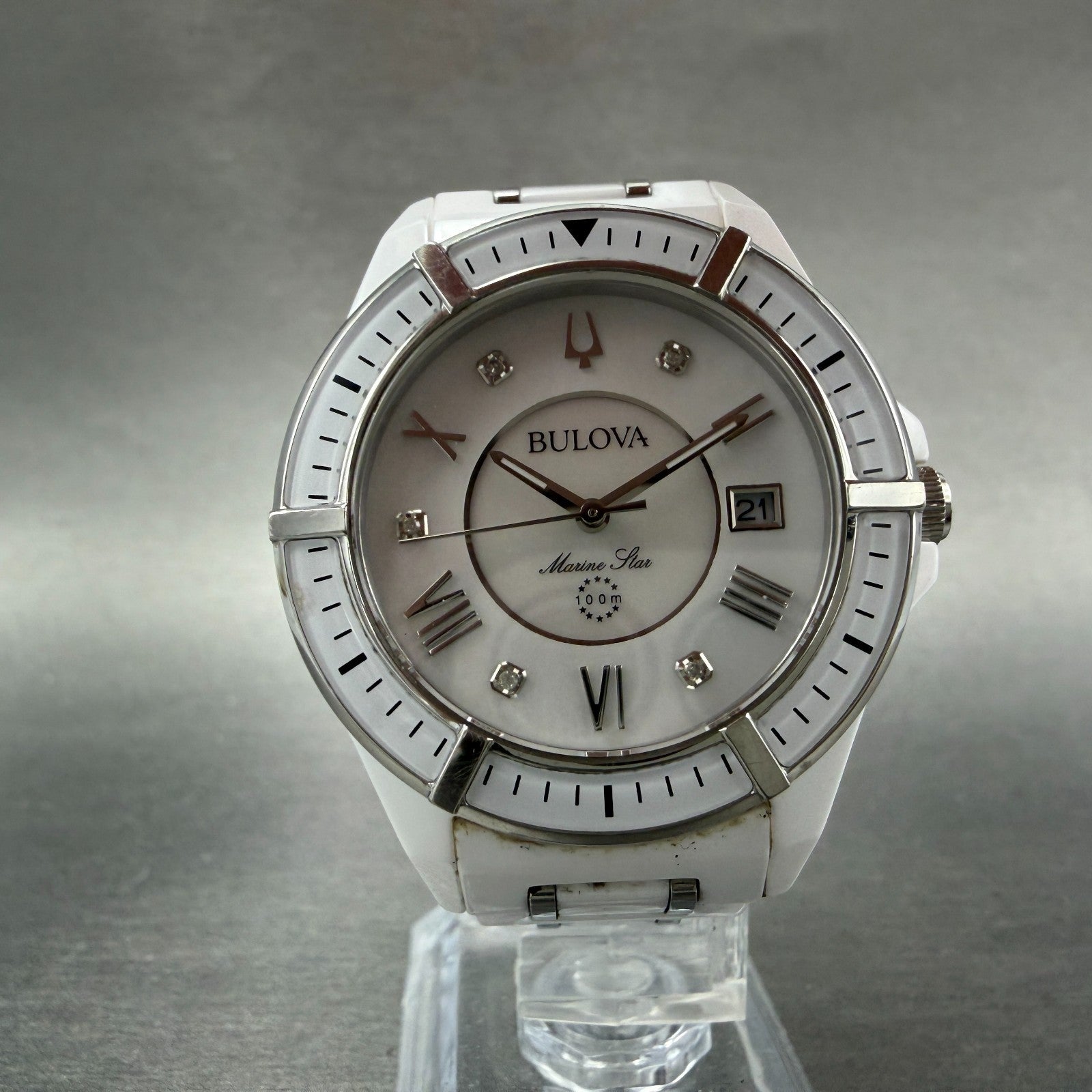 Bulova Marine Star Watch Women 37mm MOP Dial White Tone Date 98P172 New Battery5