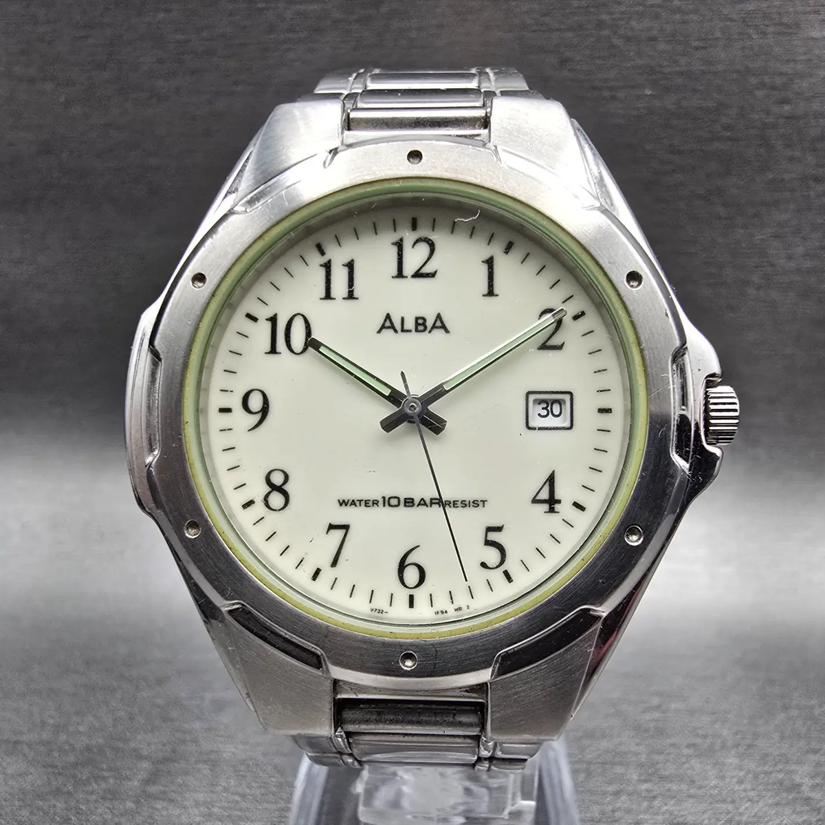 Seiko Alba Watch Men 39mm Luminous Dial Silver Tone Date V732-0S00 New Battery0