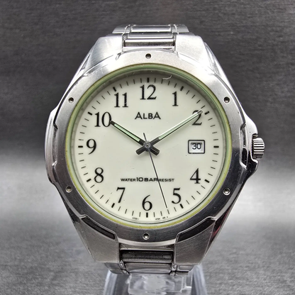 Seiko Alba Watch Men 39mm Luminous Dial Silver Tone Date V732-0S00 New Battery0