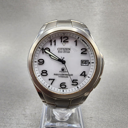 Citizen EcoDrive Attesa Watch Men 38mm White Dial Titanium Atomic Round Runs0