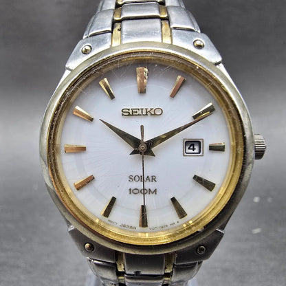 Seiko Solar Watch Women 30mm White Dial Two Tone Date Round V137-0AX0 Runs JP0