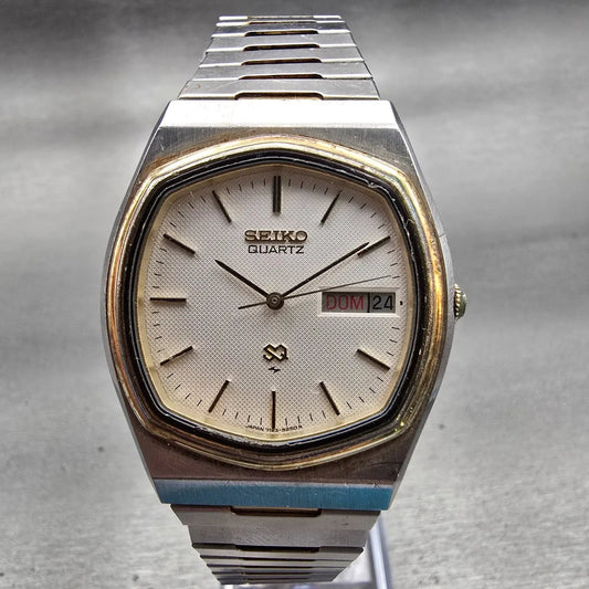 Seiko SQ Watch Men 34mm White Dial Two Tone Daydate Oval 7123-5250 New Battery0