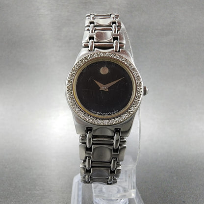 Movado Museum Watch Women 24mm Black Dial Steel Diamond Bezel New Battery