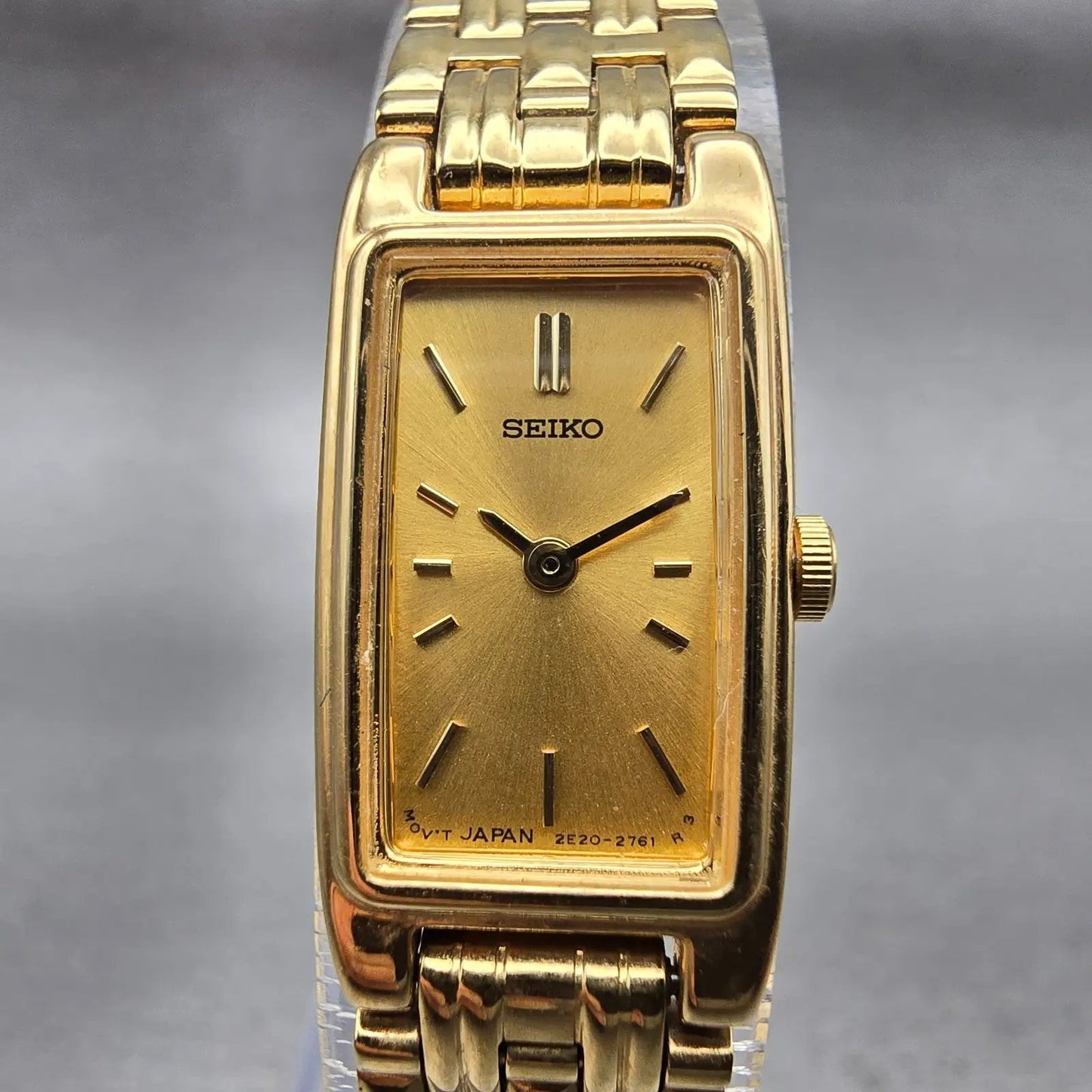 Seiko Watch Women 13mm Gold Dial Gold Tone Rectangle 2E20-7021 New Battery VTG1