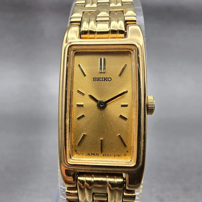 Seiko Watch Women 13mm Gold Dial Gold Tone Rectangle 2E20-7021 New Battery VTG1