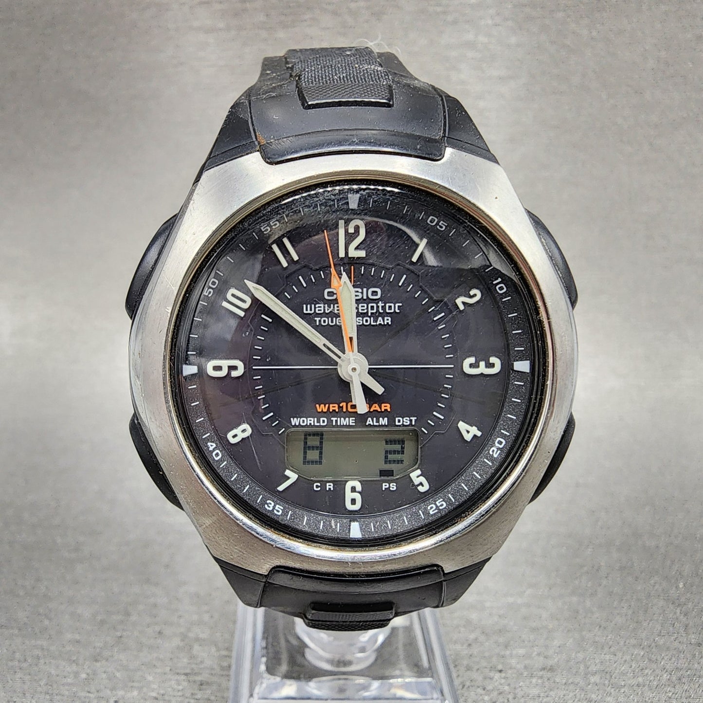 Casio Wave Ceptor Watch Men 43mm Black Dial Silver Tone Analog Digital  Solar B10