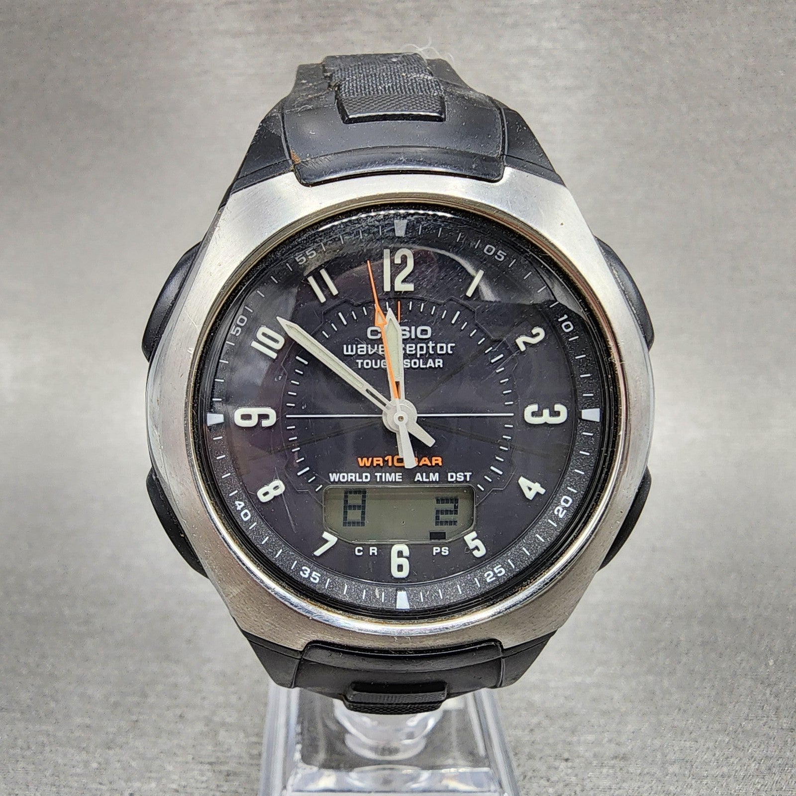 Casio Wave Ceptor Watch Men 43mm Black Dial Silver Tone Analog Digital  Solar B10