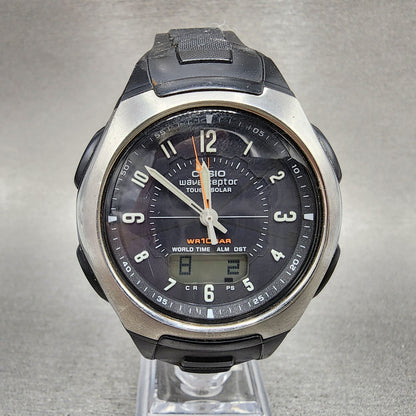 Casio Wave Ceptor Watch Men 43mm Black Dial Silver Tone Analog Digital  Solar B10