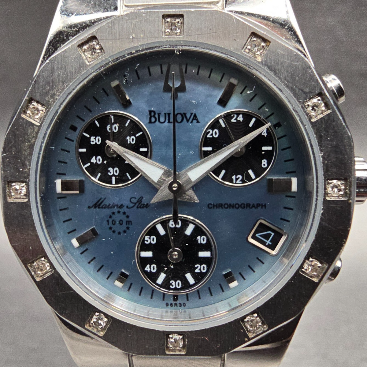 Bulova Marine Star Chronograph Watch Women 30mm MOP Dial Silver 96R30 New Batt1