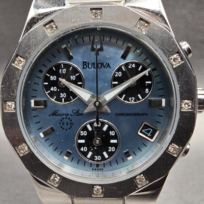 Bulova Marine Star Chronograph Watch Women 30mm MOP Dial Silver 96R30 New Batt1