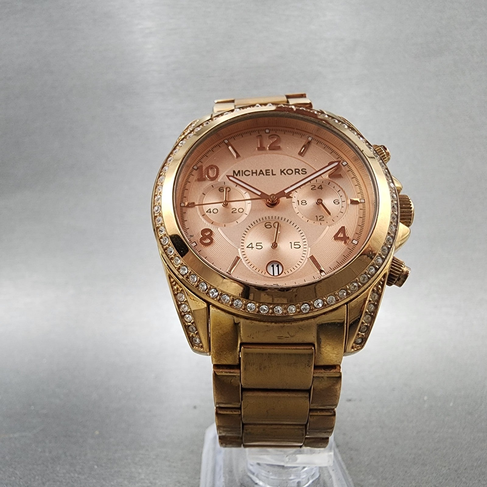 Michael Kors Blair Chronograph Watch Women 40mm Rose Dial Gold Tone Date New Bat5