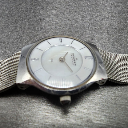 Skagen Steel Watch Women 24mm MOP Dial Stainless Steel Round Mesh band READ Runs3