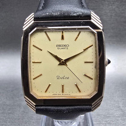 Seiko Dolce Watch Men 29mm Champagne Dial Gold Tone Rectangle 5931-5430 New Batt0