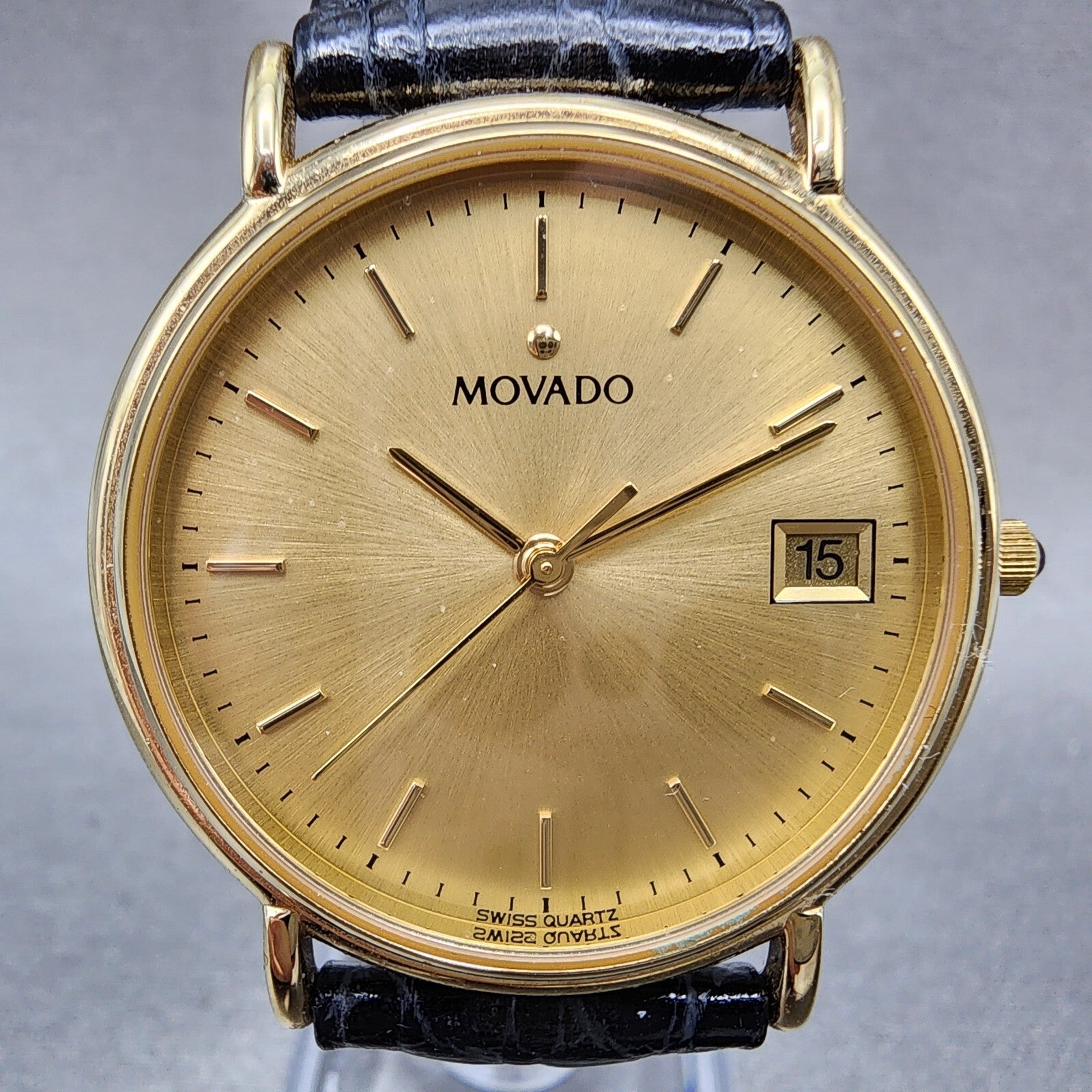 Movado Watch Men 34mm Gold Dial Gold Tone Date Round Leather Box New Battery5