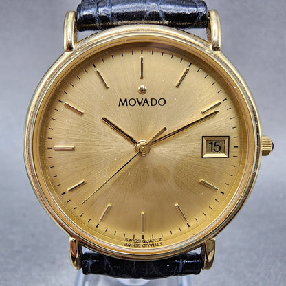 Movado Watch Men 34mm Gold Dial Gold Tone Date Round Leather Box New Battery5