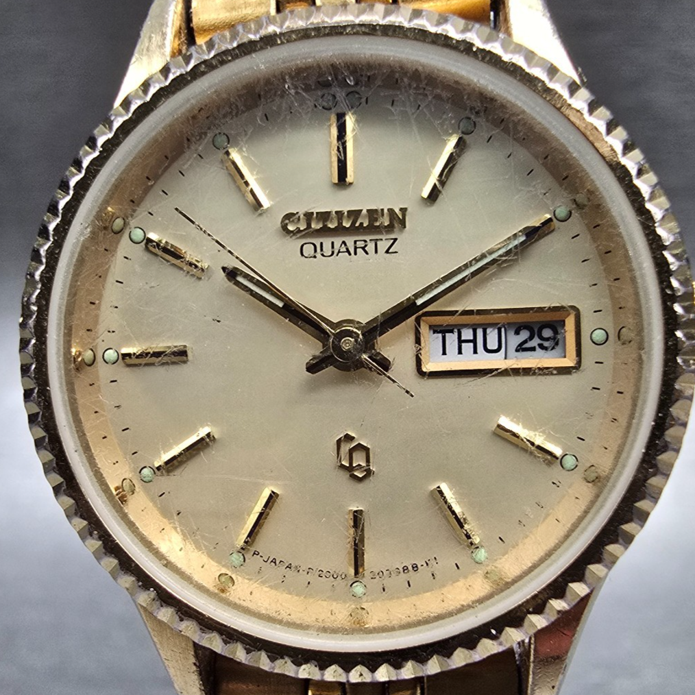 Citizen CQ Watch Women 25mm Champagne Dial Gold Tone Daydate 2000-201566 New Bat1