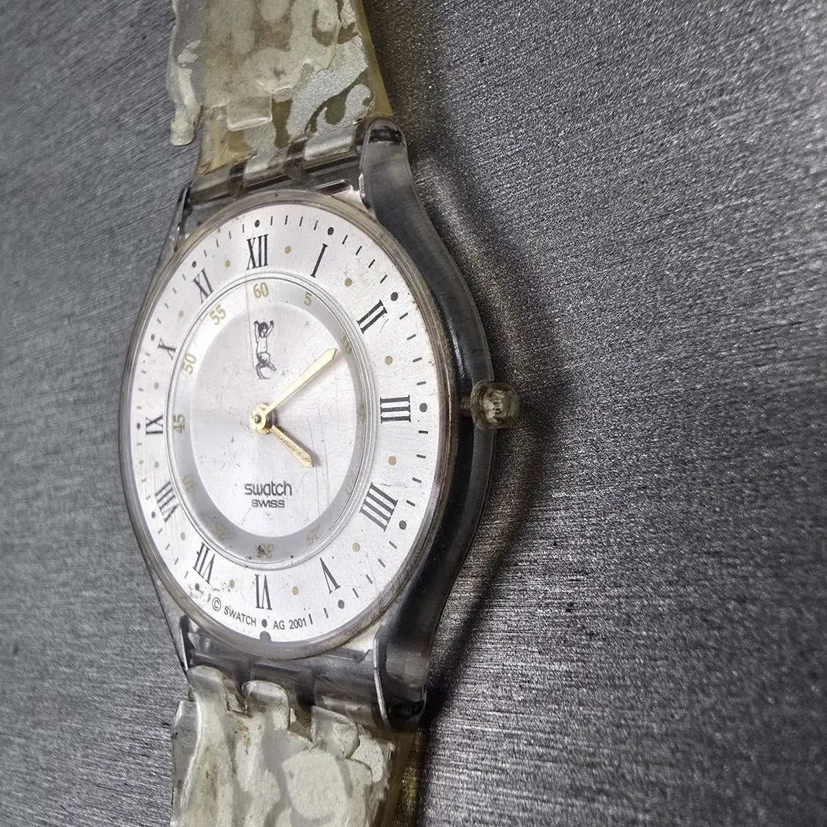 Swatch Portrait Watch Men 34mm Silver Dial Clear Case Round SFK150P New Battery2