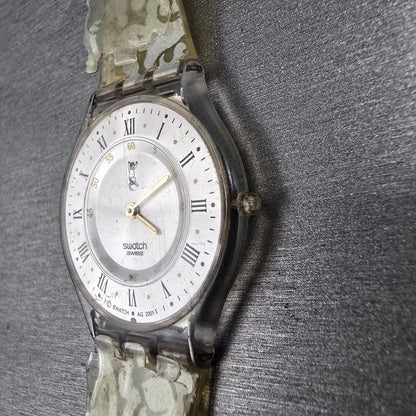 Swatch Portrait Watch Men 34mm Silver Dial Clear Case Round SFK150P New Battery2