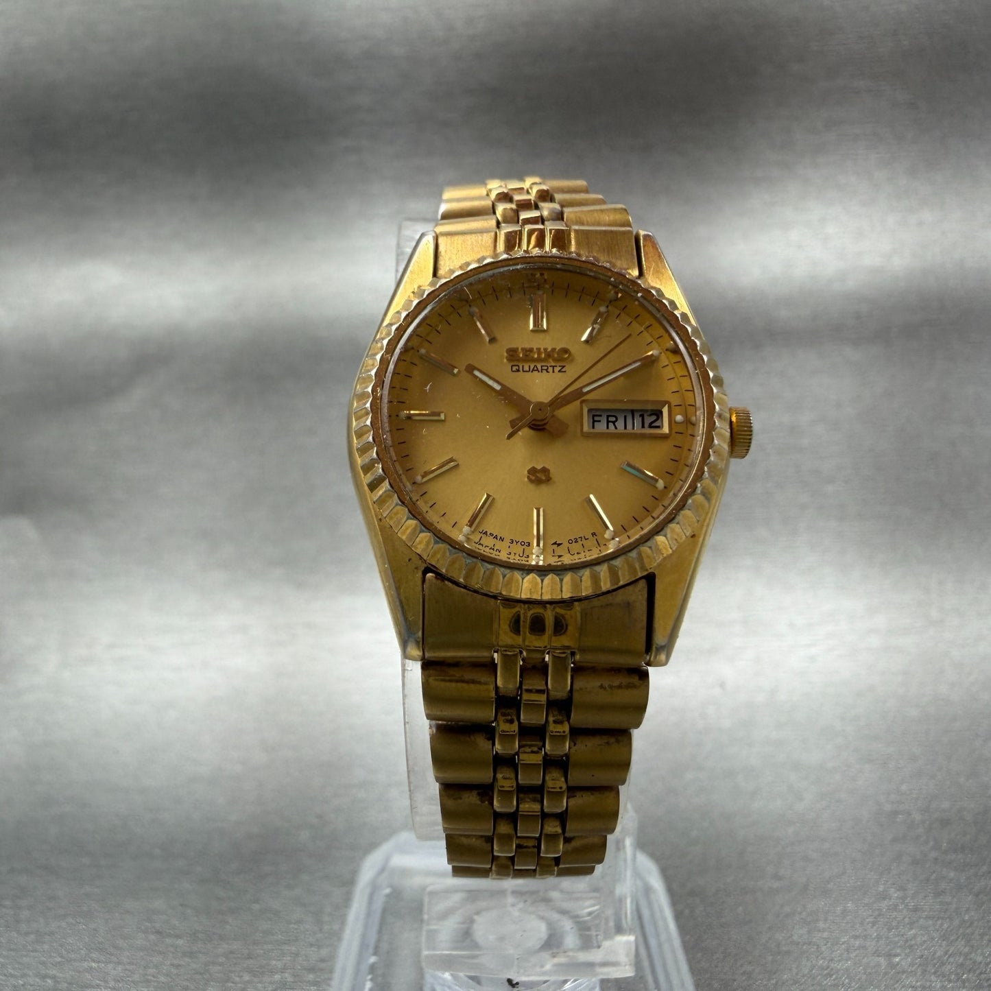 Seiko SQ Watch Women 24mm Gold Dial Gold Tone Daydate 24mm Round New Battery HDA5