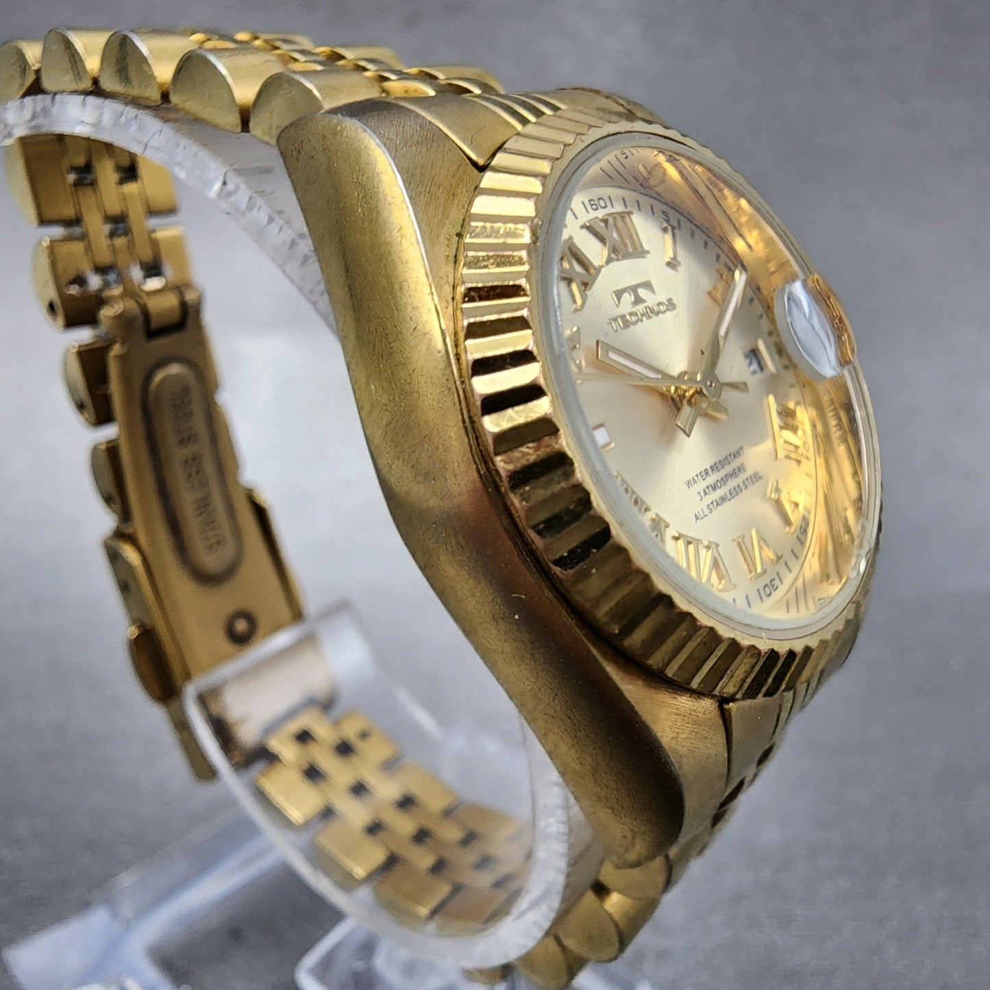 Technos Datejust Watch Women 27mm Champange Dial Gold Tone Date Round New Batt3